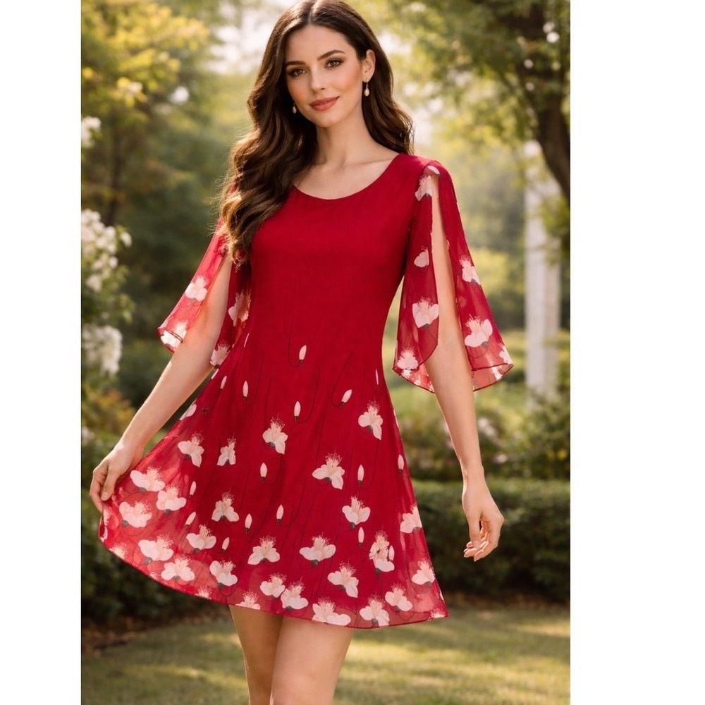 Grace Karin Red Floral‎ Split flowy sleeve Mini Dress Womens Large feminine